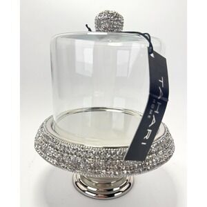 TAHARI Silver & Rhinestone w/ Tall Glass Dome Cake/Dessert/Cheese Stand/Cloche